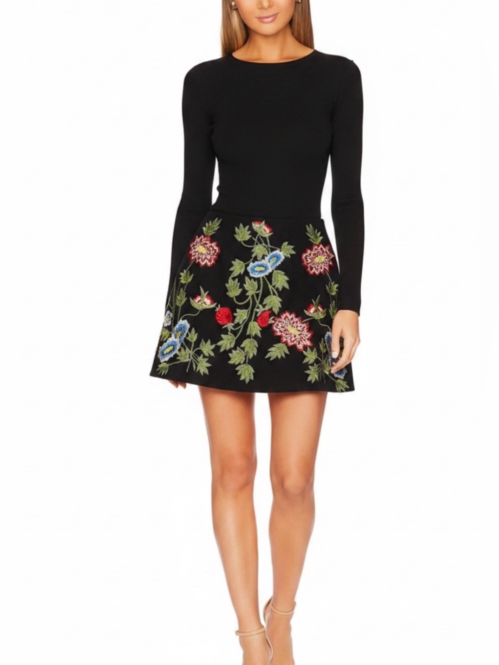 Topshop Black Mini Skirt with Multicolor Floral Embroidery